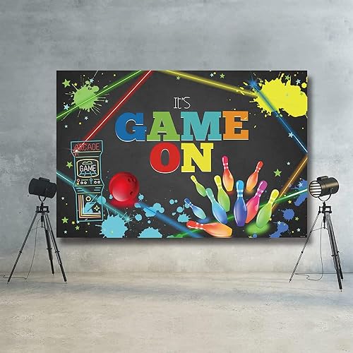 Miniatura 6 de Telón de fondo de juego de arcade para fiesta de cumpleaños, etiqueta láser, tema de bolos, decoraciones de cumpleaños retro de videojuegos, estudio