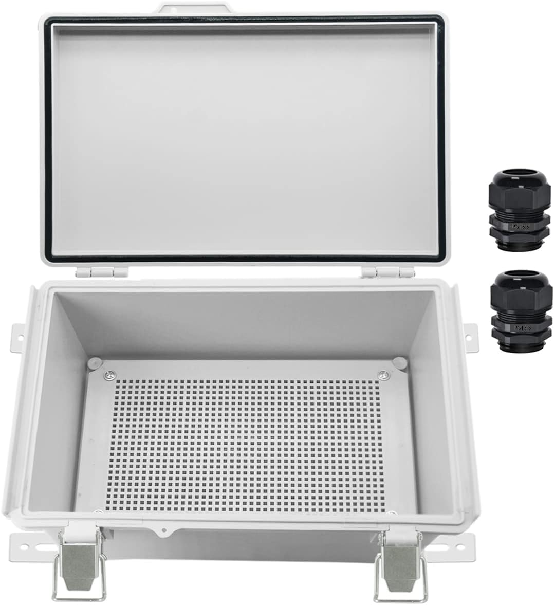 Zulkit Junction Box,IP67 Waterproof Electrical Box Hinged Cover Stainless Steel Latch Plastic Enclosure for Project w Mounting Plate Wall Bracket and 2 Cable Gland Grey 11.4"x7.5"x5.5"/290x190x140mm