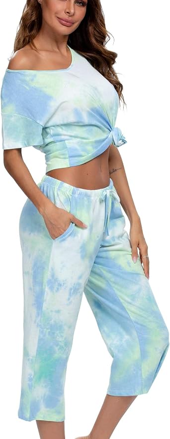 ENJOYNIGHT Women's Tie Dye Pajamas Sets Lounge Short Sleeve Top with Capri Pants Sleepwear 2 Piece Set