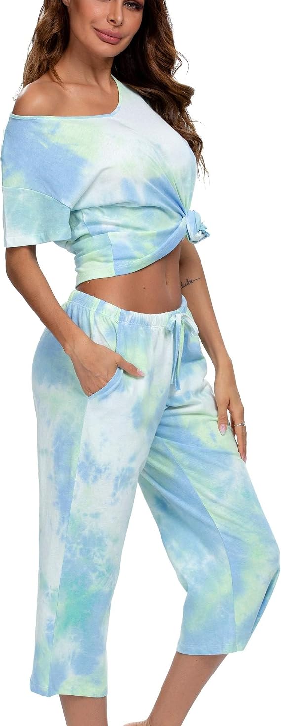 ENJOYNIGHT Women's Tie Dye Pajamas Sets Lounge Short Sleeve Top with Capri Pants Sleepwear 2 Piece Set
