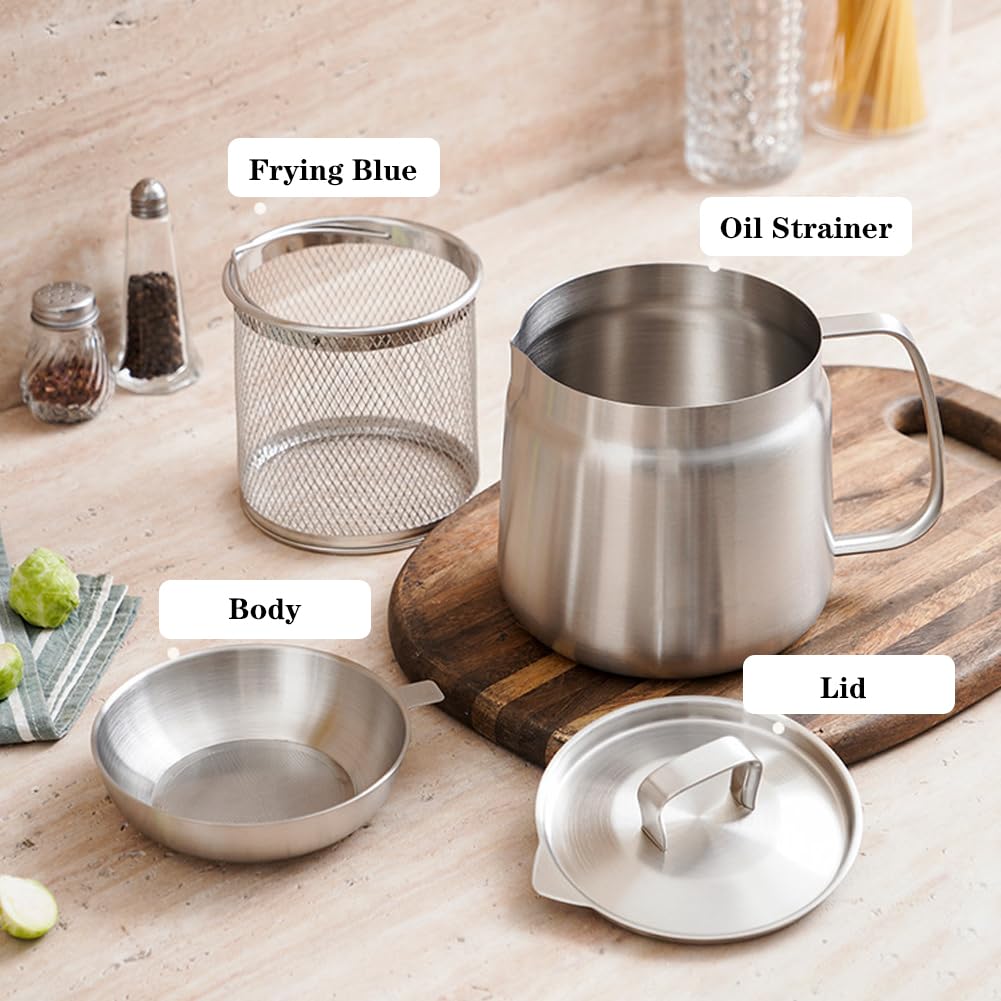 DASIAUTOEM Olla para freír con cesta, mini olla para freidora, depósito de grasa, filtro de malla fina, recipiente para grasa, filtro de grasa con asa, olla de filtro de aceite de 2 litros para asar