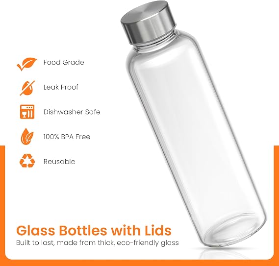 Epica Clear Glass Bottles with Lids, 18oz Resuable Glass Water Bottles for Juicing with Stainless Steel Cap to store Milk, Smoothie, etc., 100% Leak Proof, Durable and Dishwasher Safe (Set of 6)