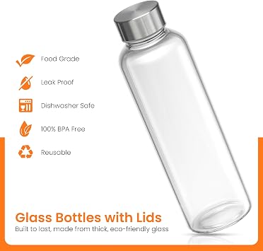 Epica Clear Glass Bottles with Lids, 18oz Resuable Glass Water Bottles for Juicing with Stainless Steel Cap to store Milk, Smoothie, etc., 100% Leak Proof, Durable and Dishwasher Safe (Set of 6)