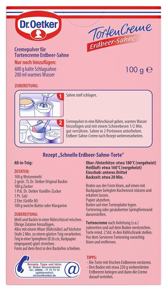 Dr. Oetker Erdbeer-Sahne Tortencreme, 11 x 113 g, Cremepulver für Tortencreme mit gefriergetrockneten Erdbeerstücken und Erdbeerpulver, gelingsichere Zubereitung von Tortenkreationen