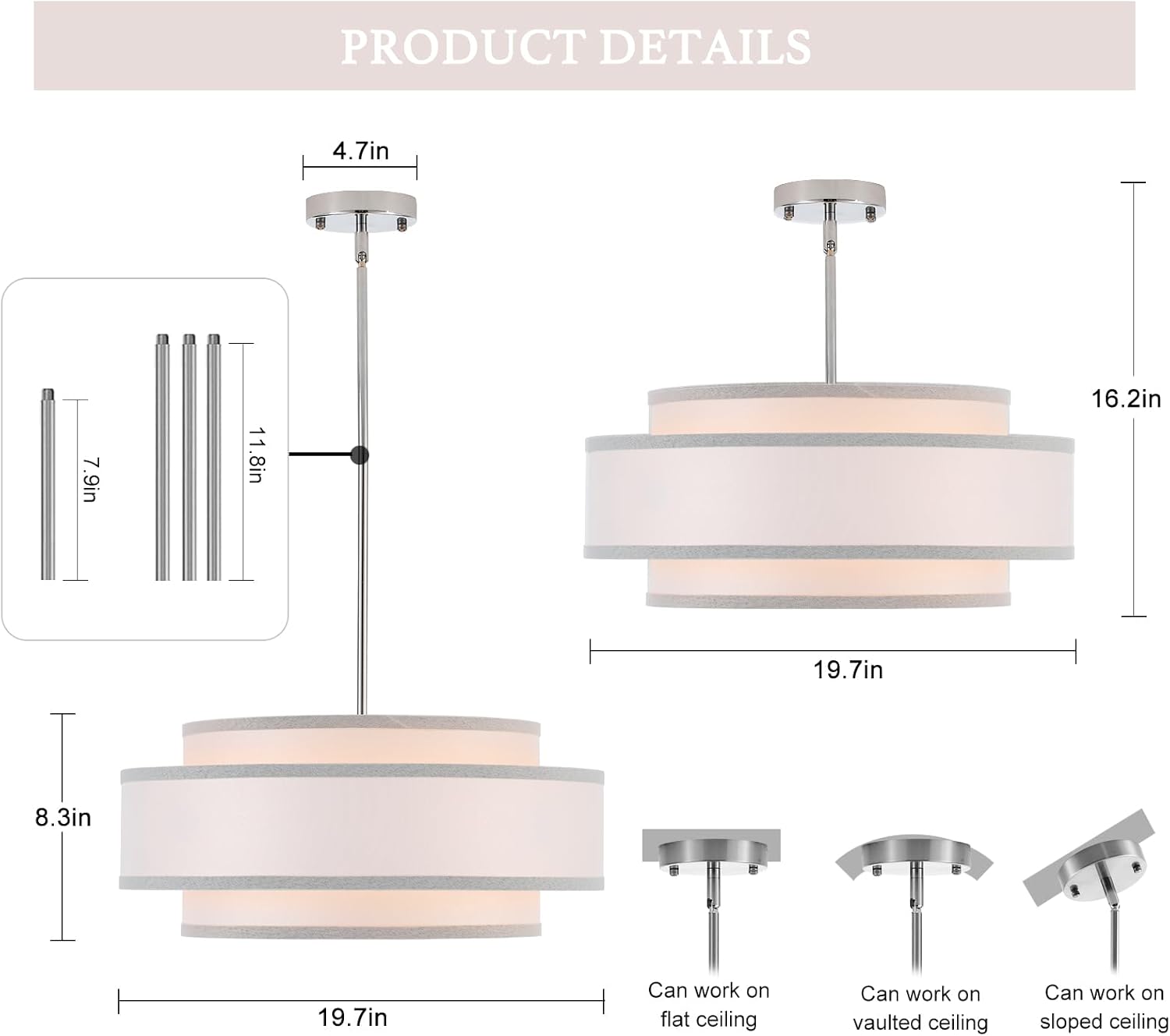 19.7" Chrome Drum Chandelier Light Fixture with White Linen Lampshade 4-Light Modern Farmhouse Chandelier for Dining Room, Kitchen Island, Foyer, Entryway Bedroom