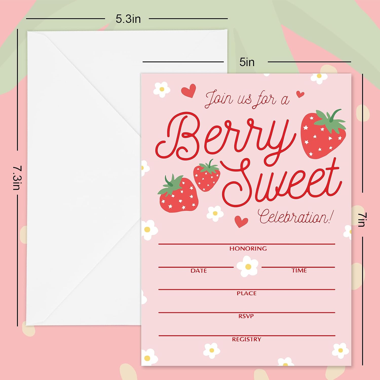 Whaline 25 Sets Strawberry Invitations with Envelopes Stickers Pink Fruit Invitation Cards Fill in Blank Invites for Summer Wedding Birthday Baby Shower Party, 5 x 7 Inch