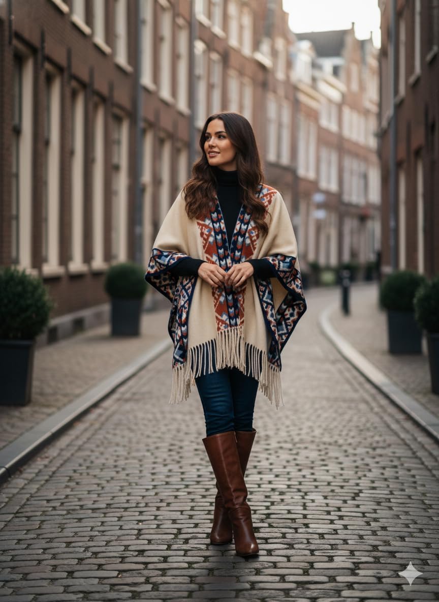 Women's Retro Shawl Wraps Open Front Poncho Knitted Cape Boho Casual Cardigan Coat Shawls for Spring Fall Winter image 2