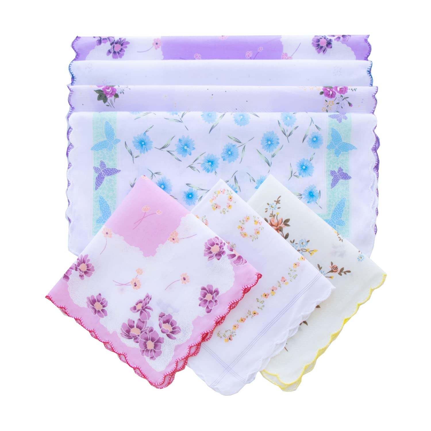 Assorted Women Vintage Floral Handkerchiefs with Wavy Edge Cotton Colorful Ladies Hankies-image-46