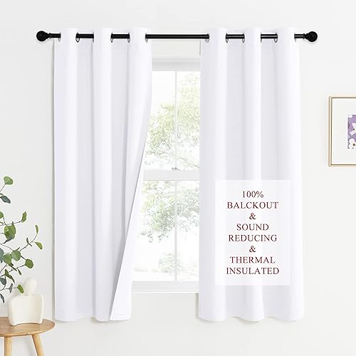 NICETOWN Cortinas blancas con forro 100% opacas con bloqueo de sonido, 3 capas gruesas completamente opacas con control de ruido, cortinas aislantes