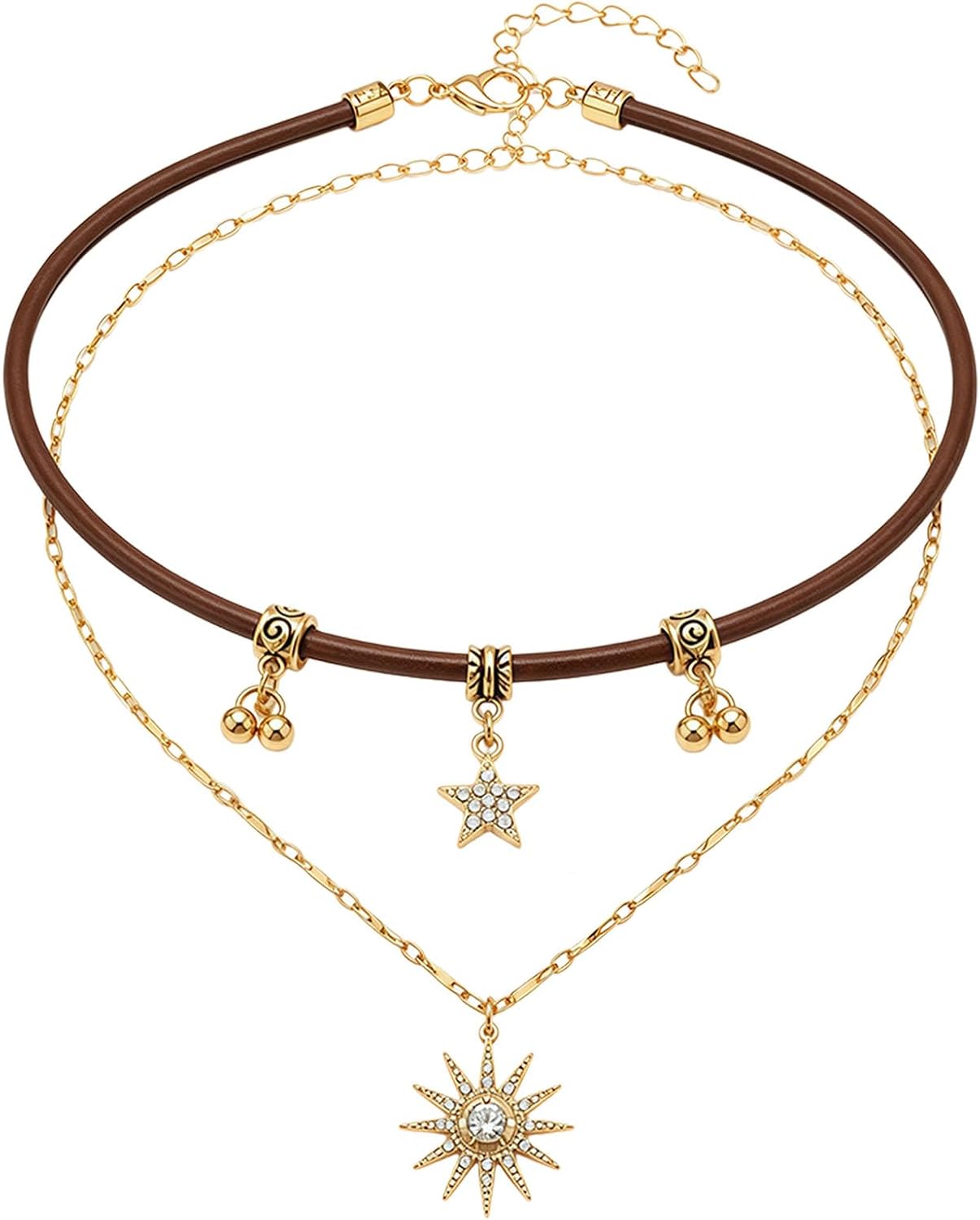 Brown Leather Star Choker Necklace Set