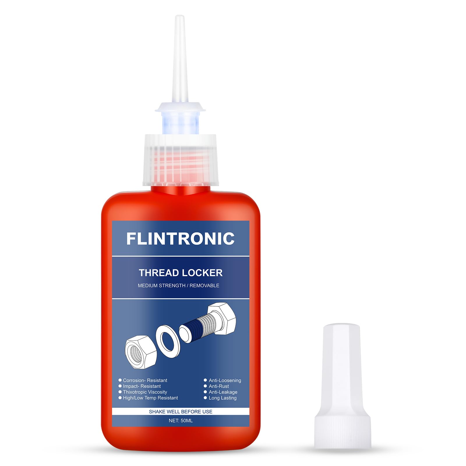 flintronic Thread Lock Blue, 50ml Medium Strength Threadlocker, Locktight Threadlock Against Losening and Leakage, Lock and Seal Nuts, Bolts, Fasteners and Metals