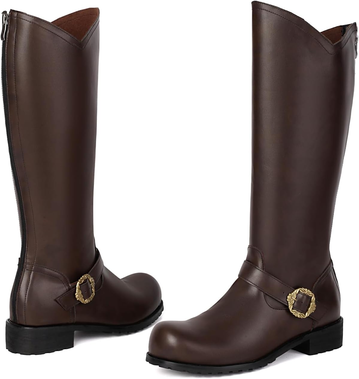 Medieval Renaissance Knee High Boots Side Zipper Knight Motorcycle Riding Boot Vintage Metal Buckle