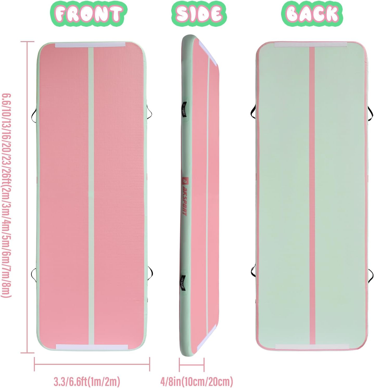 AKSPORT Inflatable Gymnatsics Mat Tumble Track 10ft 13ft 16ft 20ft 23ft Air Tumbling Mat with Air Pump for Home Use/Training/Cheerleading/Yoga Green Pink 16ftx3.3ftx4inch