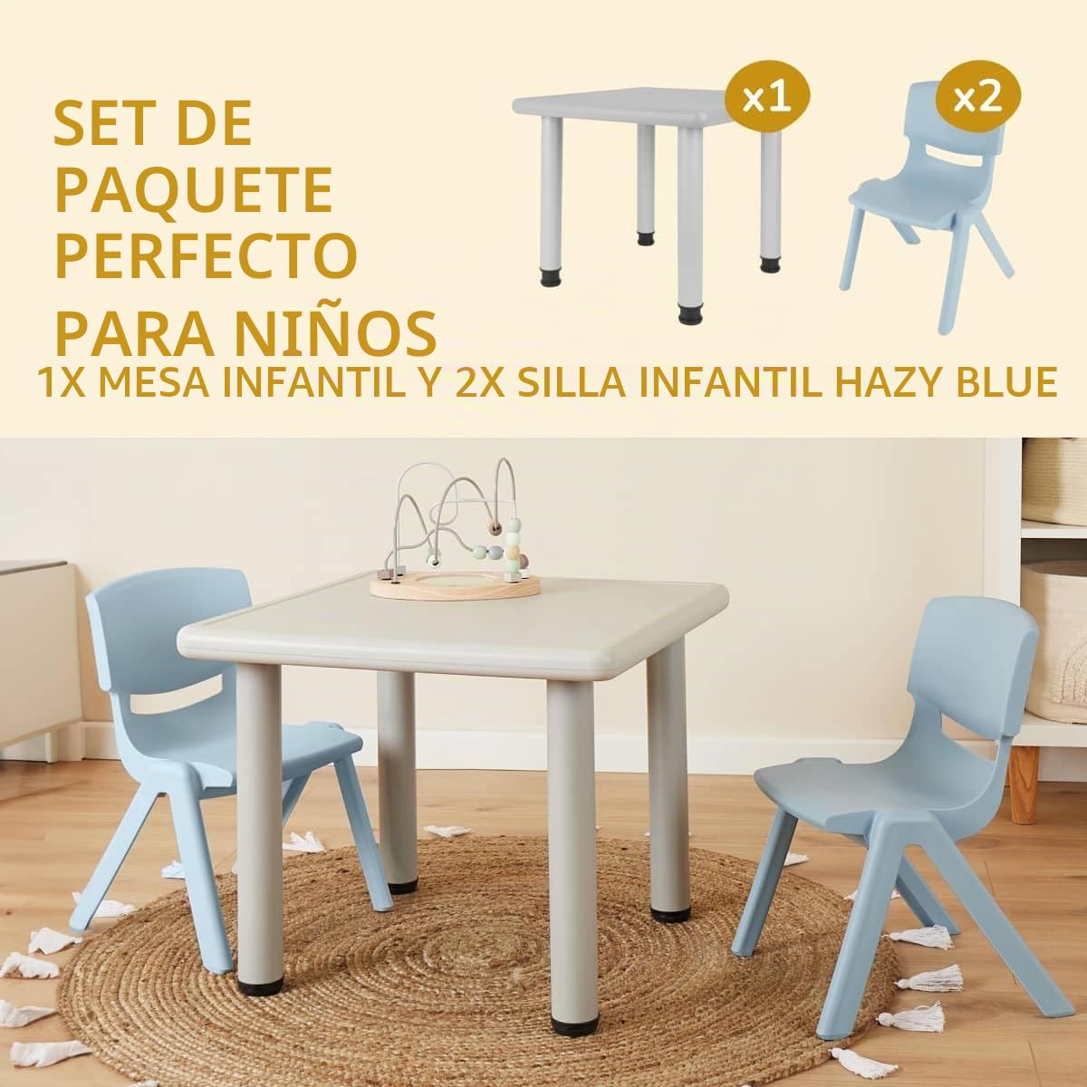 Bieco Mesa infantil con 2 sillas | para interior y exterior | mesa apilable y resistente a la inclinación | mesa de manualidades y pintura para niños