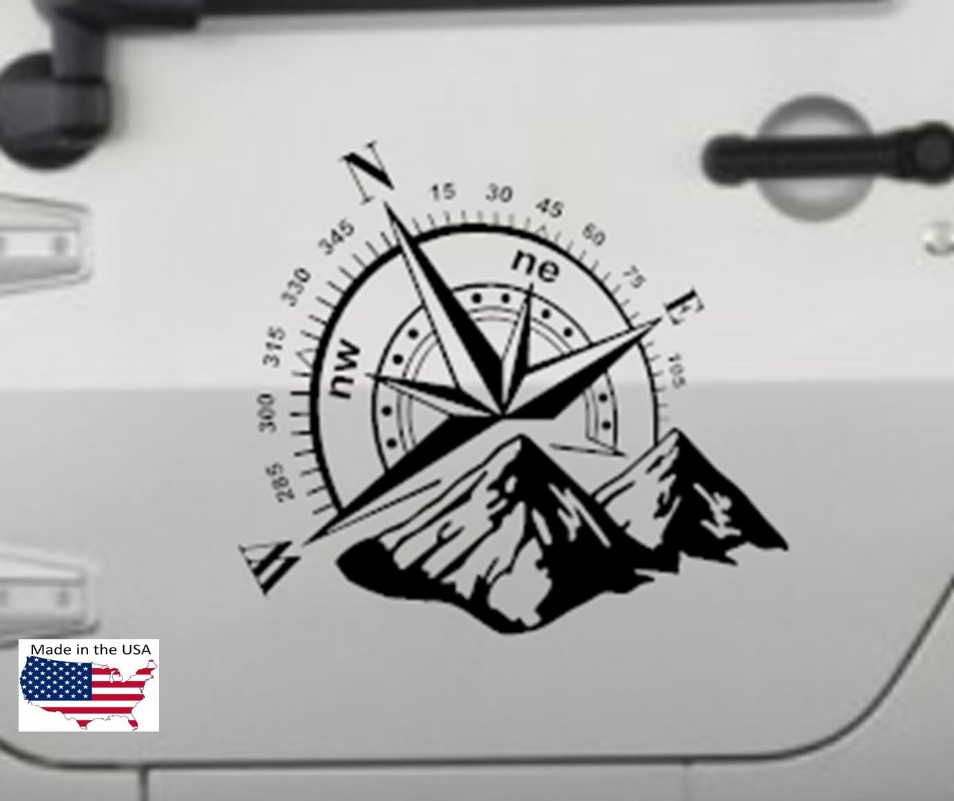 Clausen's World Compass with Mountains Hood Door Vinyl Decal 22 x 20 Inches, Fits Wrangler, Black Matte