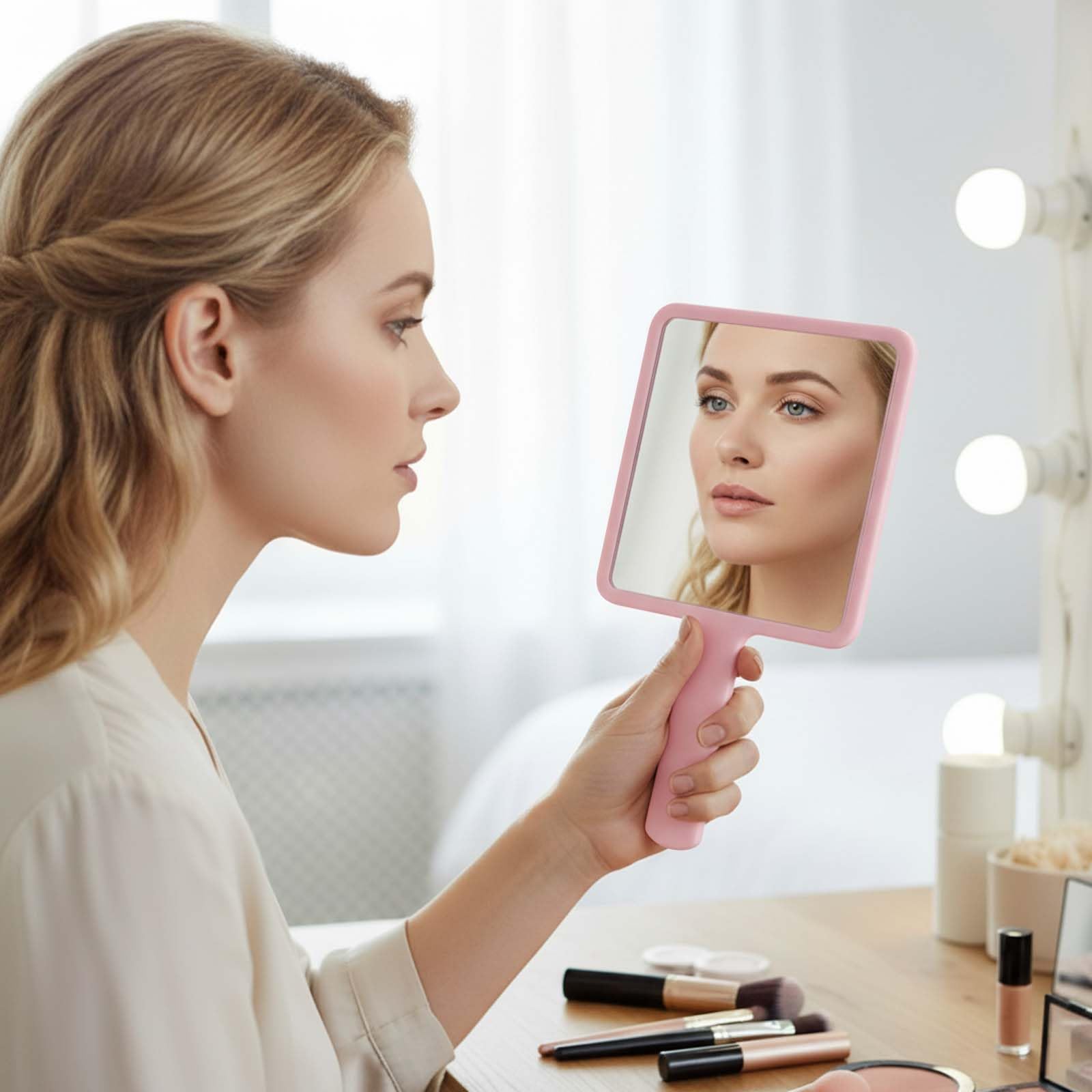 Naapesi Specchio a Mano,Specchio Trucco Portatile con Manico,Specchio Cosmetico Quadrato,Specchietto Dentista,Specchio Barbiere con Comoda Maniglia,Perfetto per Radersi o Applicare il Trucco (Rosa)