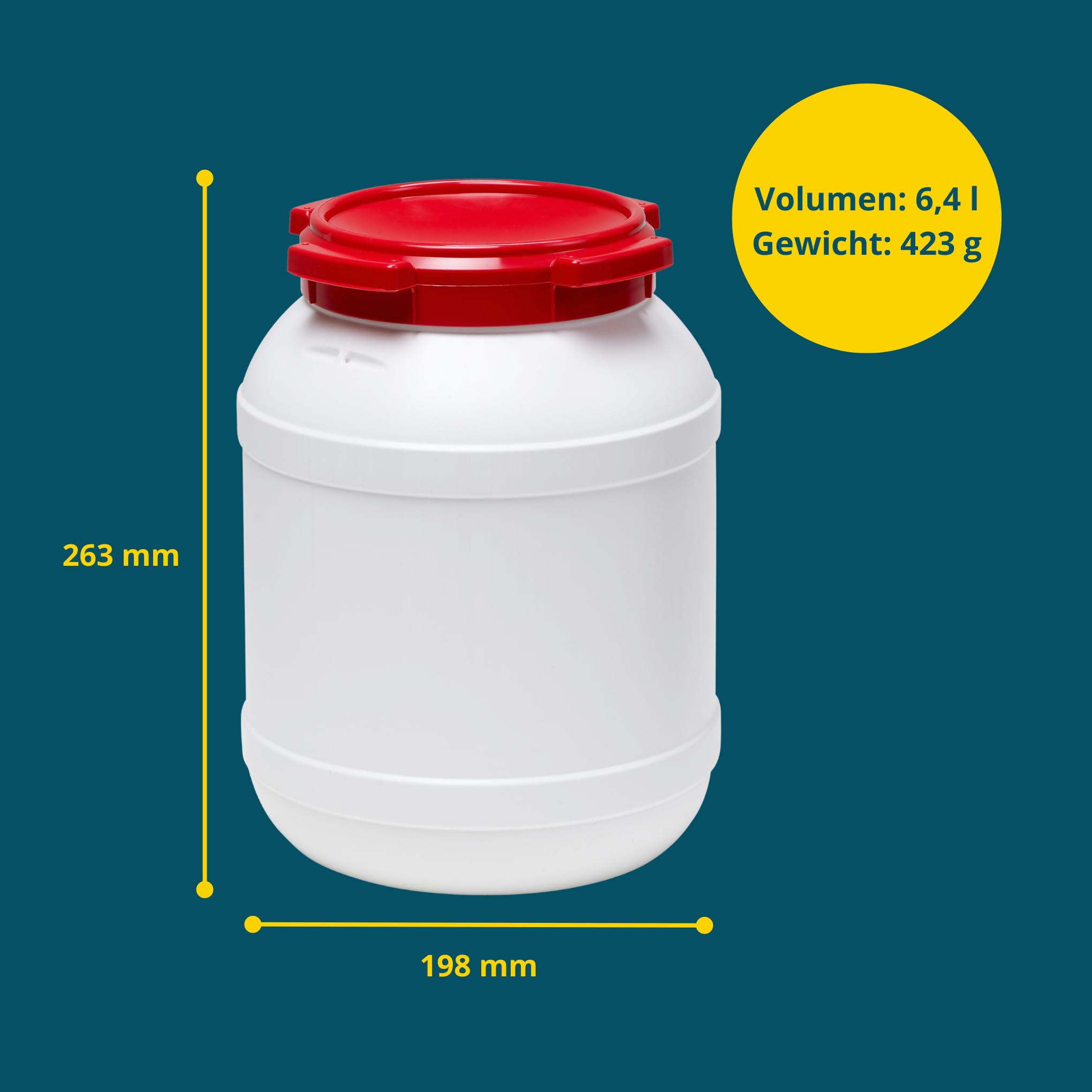 Curtec HDPE Weithalsfass, stapelbar, wasserdicht, temperaturformbeständig bis 80°C, mit rotem Schraubdeckel, Gummidichtung, naturweiß, 6 Liter