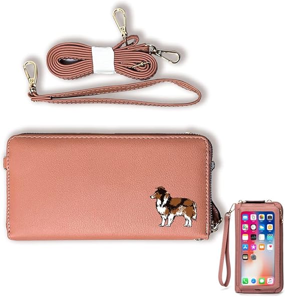 Amazon Fave フェイブ シェットランドシープドッグ 3way スマホケース付 お財布ポシェット さくら色xセーブル ショルダーバッグ クラッチバッグ 財布 スマホケース 長財布 ラウンドファスナー カードポケット 札入れ 小銭入れ シェルティ 犬 ペット F3401c022