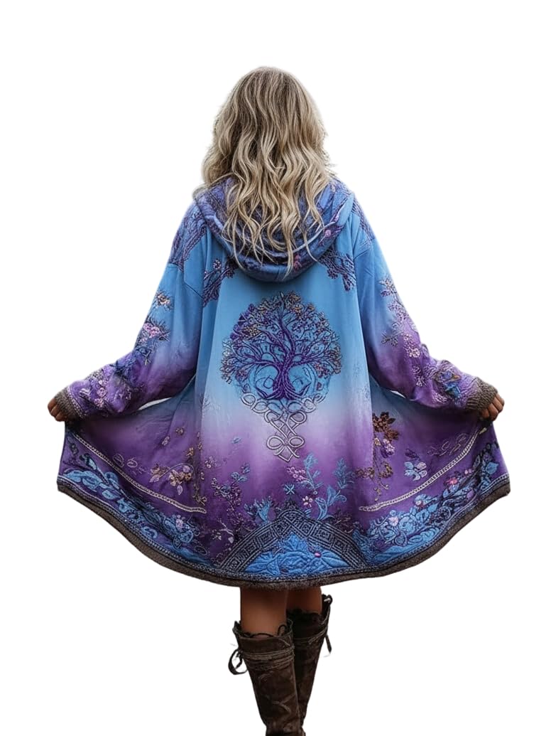 TIAFORD Women Boho Rainbow Gradient Cardigan Casual Ethnic Floral Hooded Sweatshirt Coat Flowy Oversized Long Sleeve Jacket