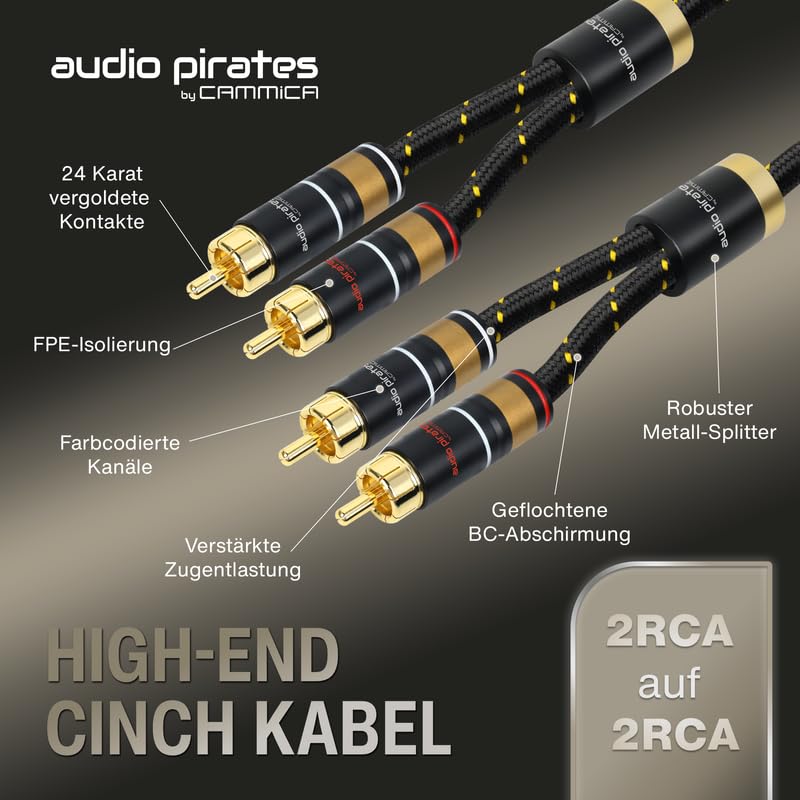 audio pirates by cammica kabel cinch, 2 x wtyczka RCA na 2 x wtyk RCA, kabel audio | High-End kabel audio ze złotymi stykami i wbudowaną funkcją rozdzielacza (10 metrów)