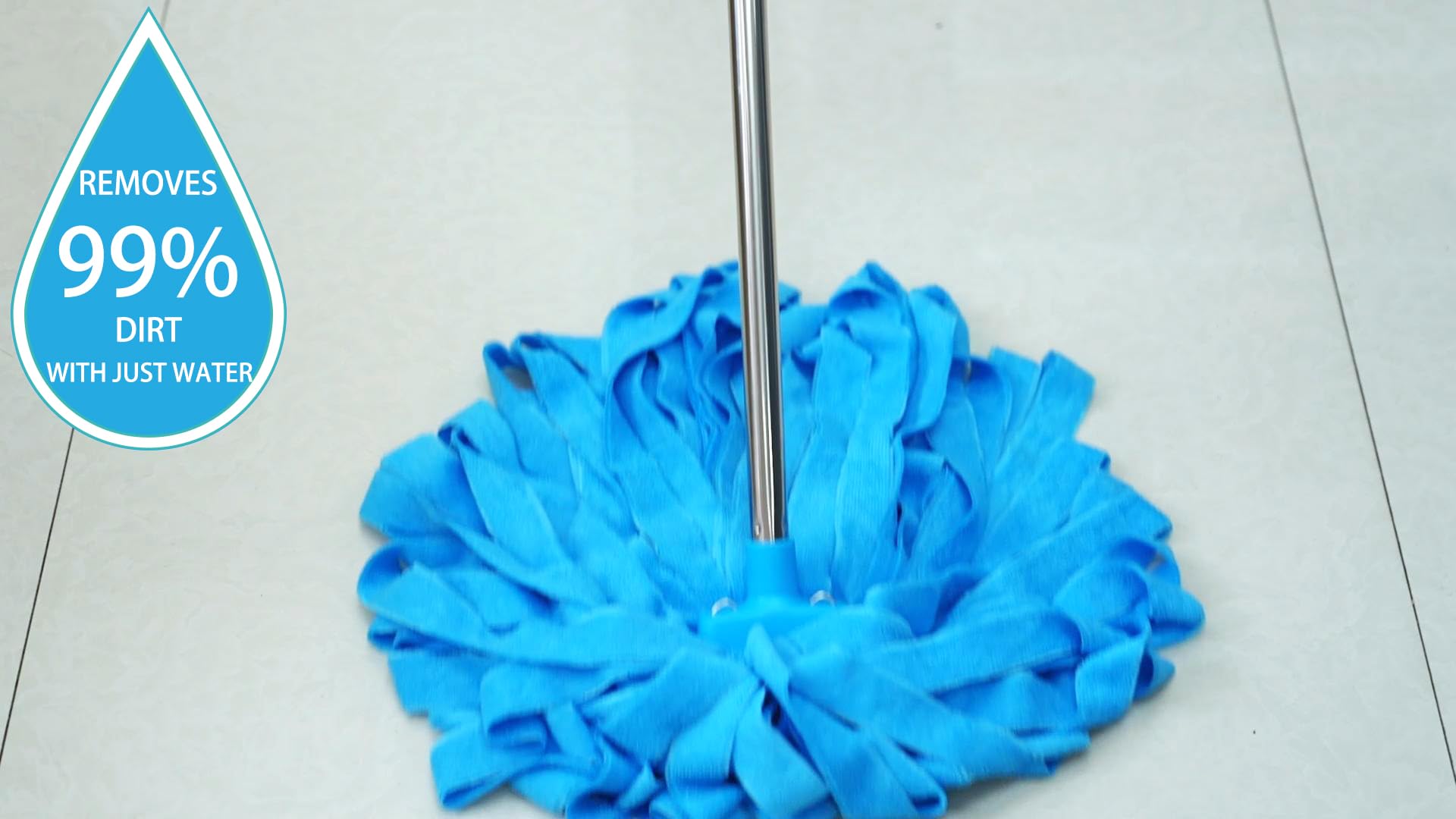 Mopa, un poste de acero inoxidable con dos cabezales de fregona de tela de microfibra azul