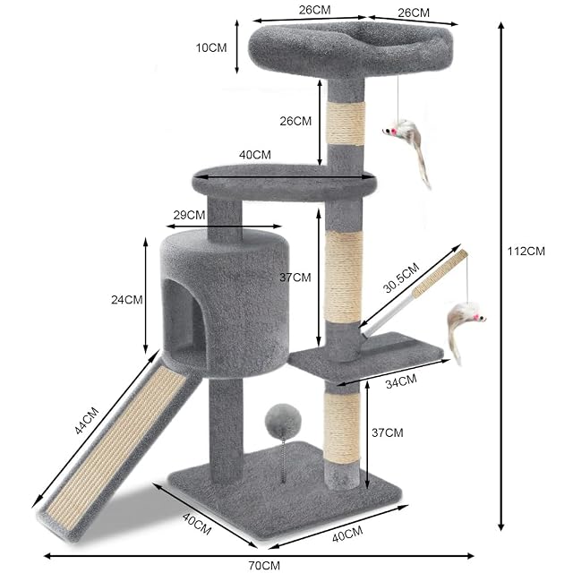Foto 4 de 7 de VOUNOT® Árbol Rascador para Gatos con Plataformas y Refugios, 112cm, Gris