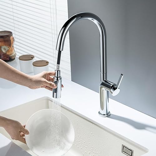 Miniatura 3 de Grifo de cocina extraíble, 3 modos de agua, con placa de cubierta, 360 giratorio preenjuague de arco alto grifo de fregadero de cocina cromado