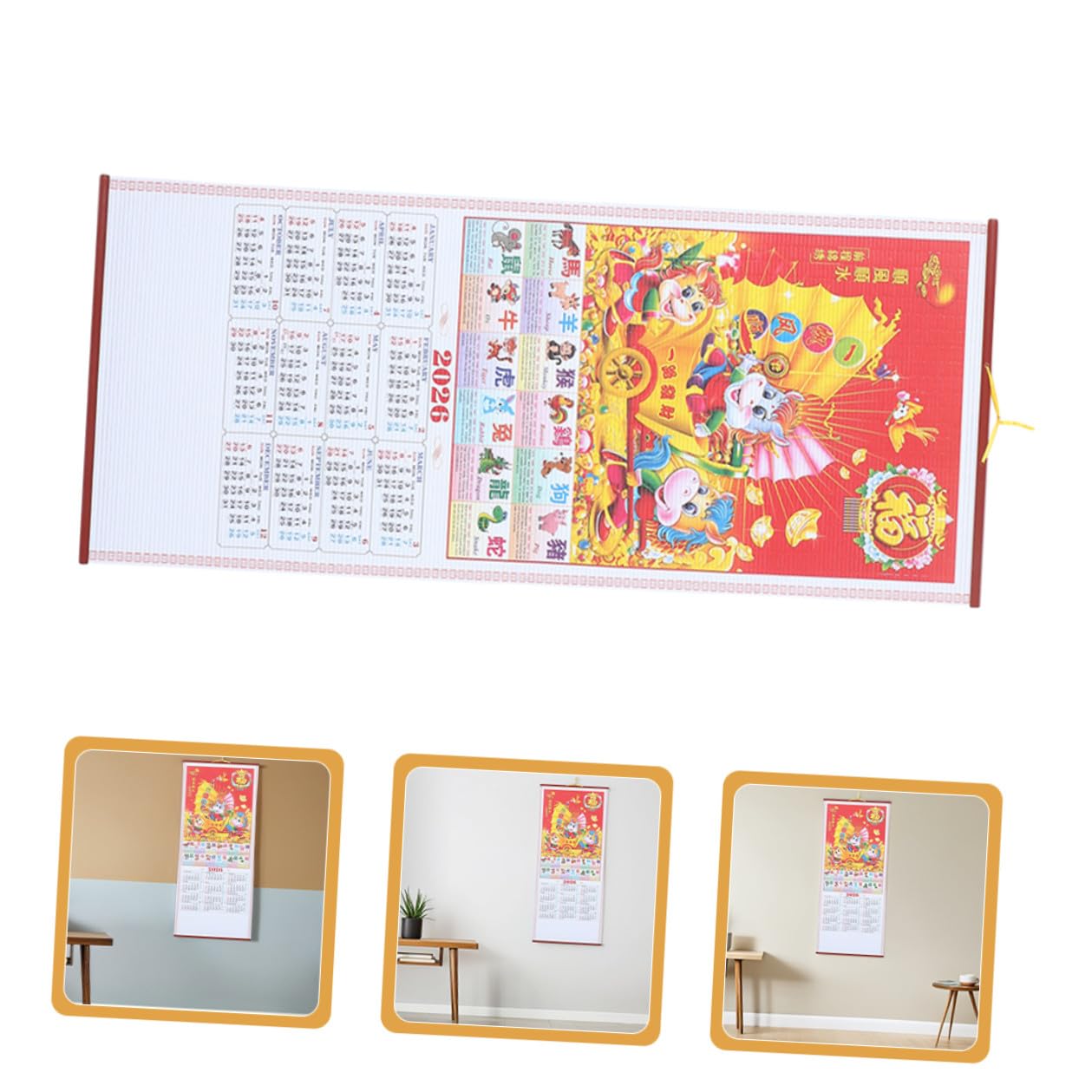 6 Pezzi Calendario da Parete in Finto Rattan 2026 Anno del Cavallo, Planner Lunare Sospeso Decorativo per Casa e Ufficio, Set 2 Pezzi Rotolo Tradizionale Cinese