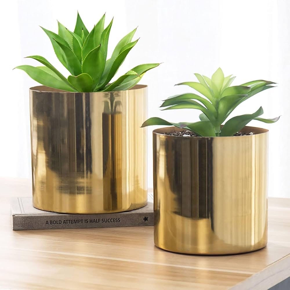 MyGift Handcrafted Shiny Brass Tone Metal Plant Pot Flower