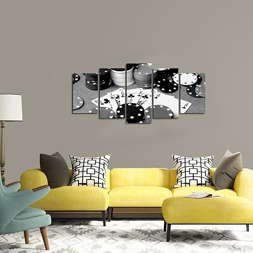 Miniatura 4 de LevvArts - 5 impresiones en lienzo de póquer en blanco y negro, arte de pared para decoración de pared de pub, bar, casino, estirado y enmarcado,