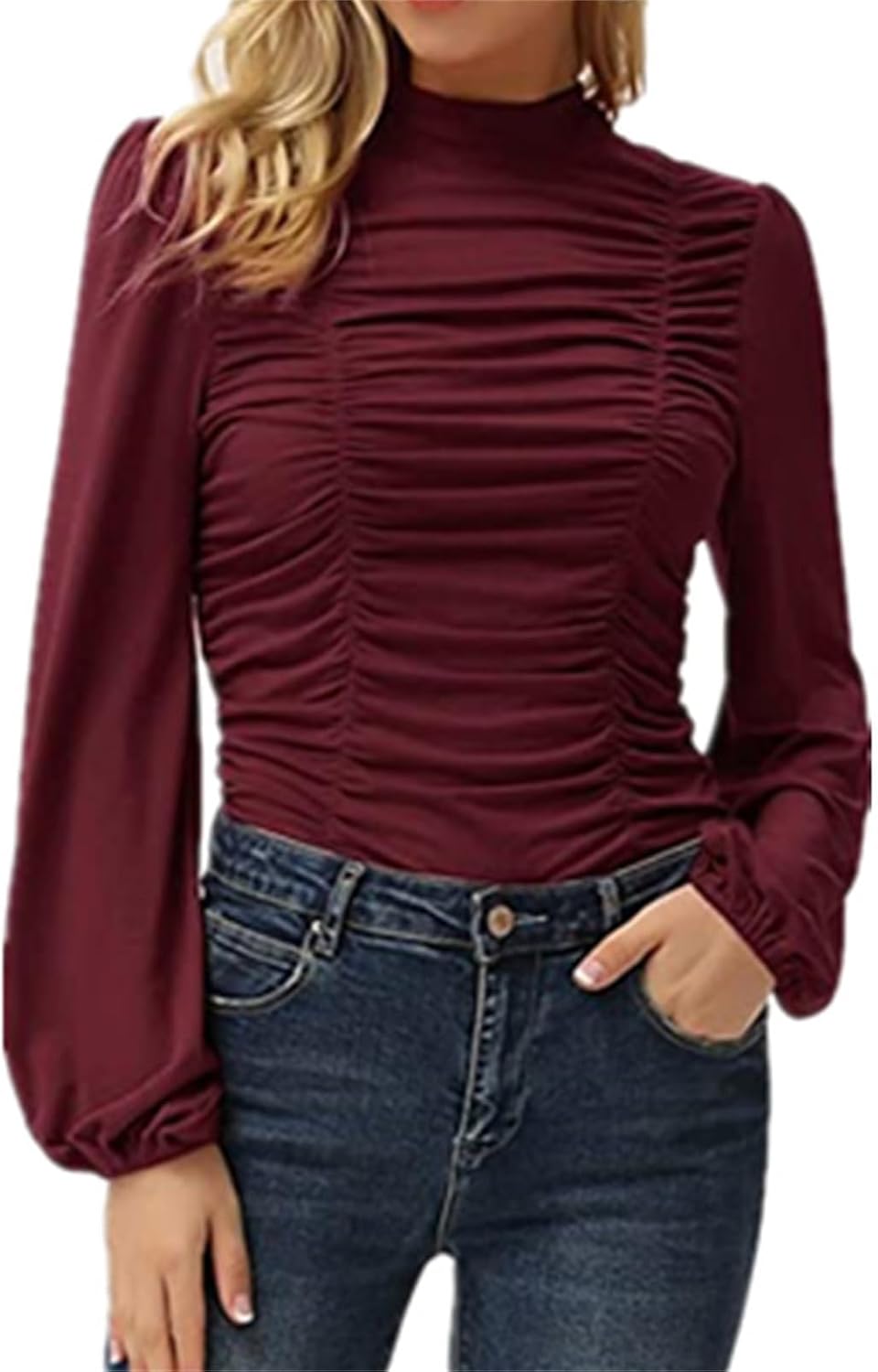 FMCHICO Womens 2024 High Neck Balloon Long Sleeve Casual Loose Shirts Tops and Blouses