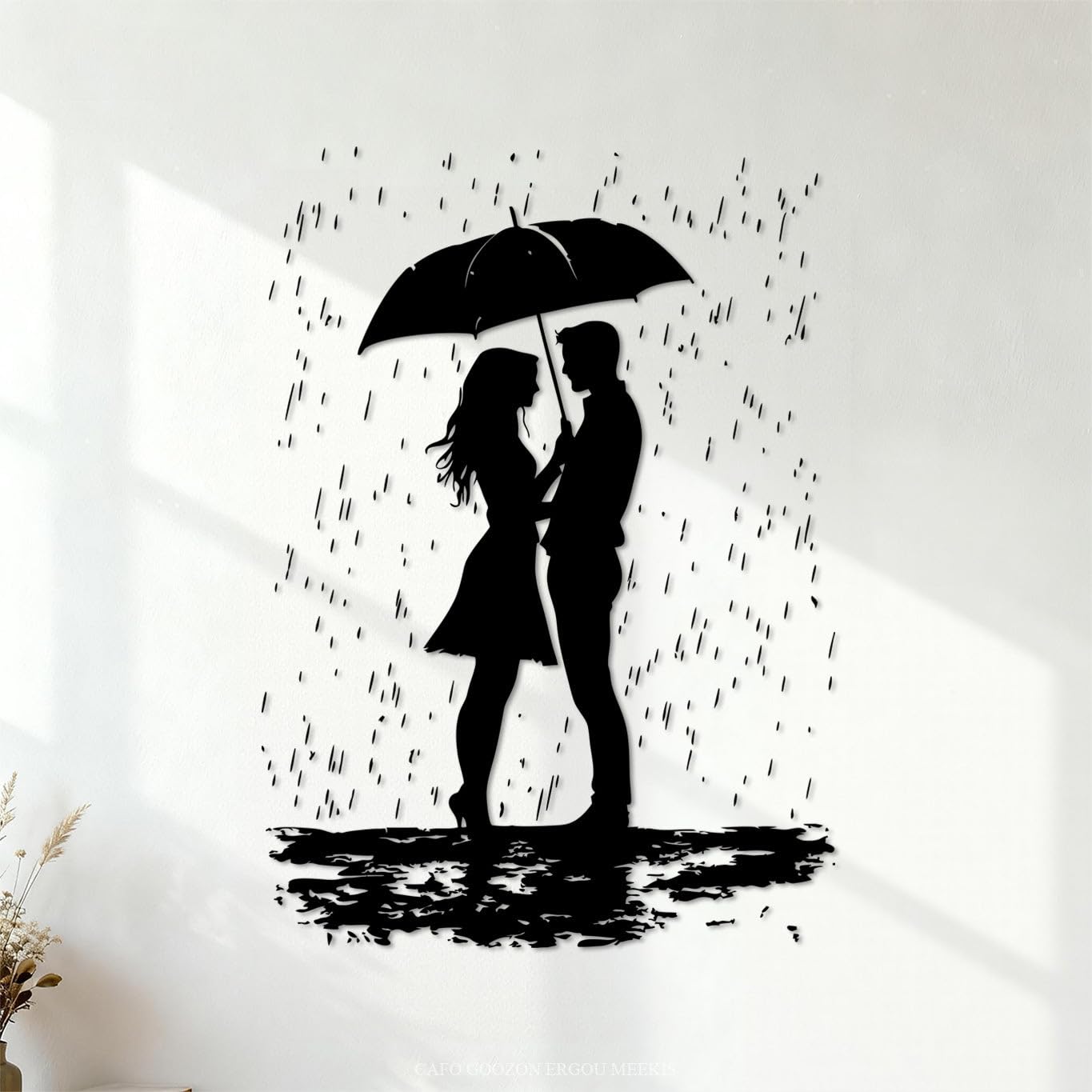 Romantic Couple Silhouette embracing Under Umbrella in Rainy Scene Art Engraving Stickers 36x50.3cm Can Modify and add Information Black