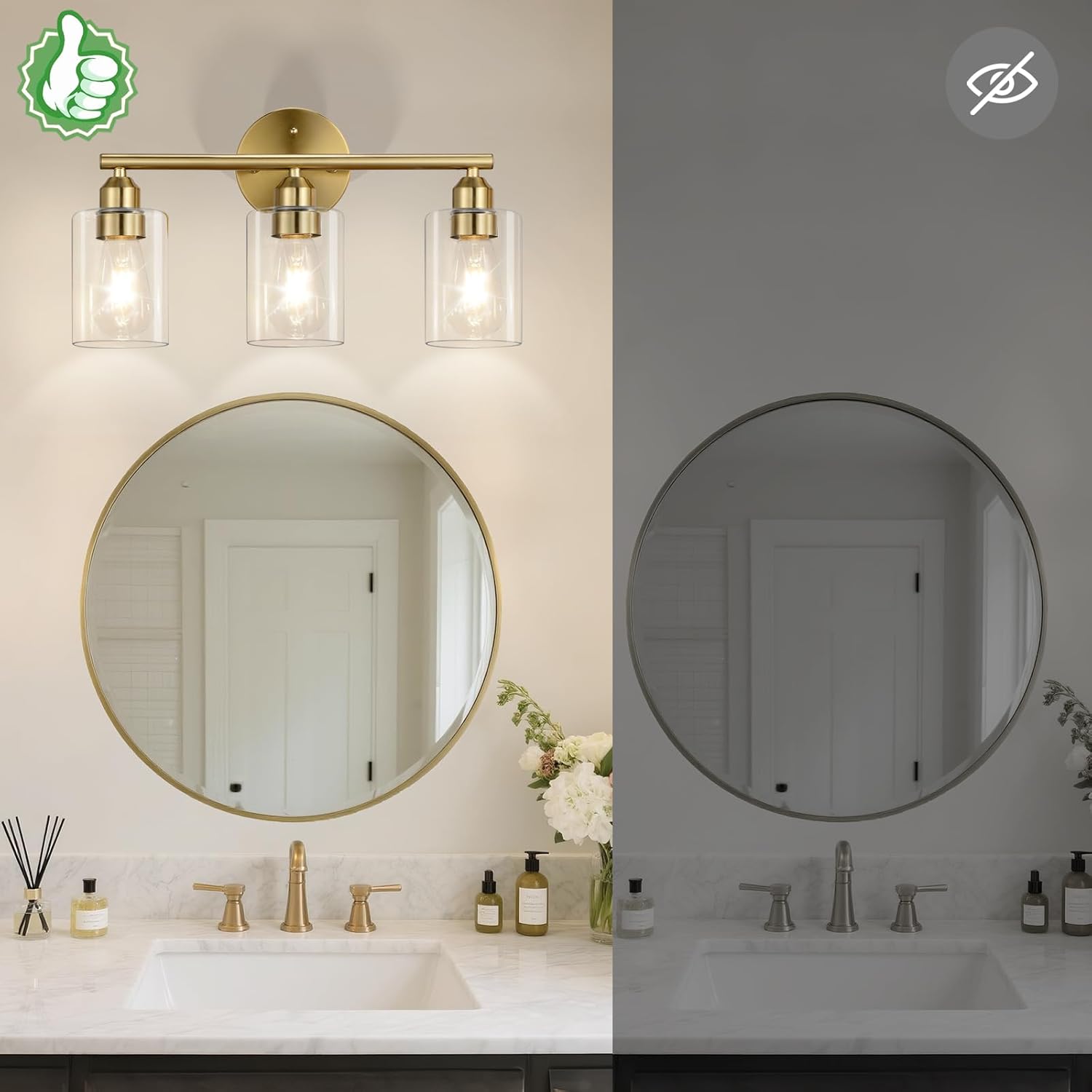 17.3'' Bathroom Gold Vanity Light Fixtures, Modern Wall Lamp for Mirror with Clear Glass Shade, 3-Light