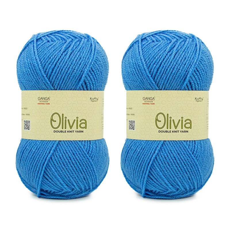 Image of Ganga Acrowools Acrylic Olivia,Double Knit Yarn. Hand Knitting&Crochet Yarn. Oekotex Class 1 Certified. Pack of 2 Balls-100Gms Each. Shade No-Olv033, Blue