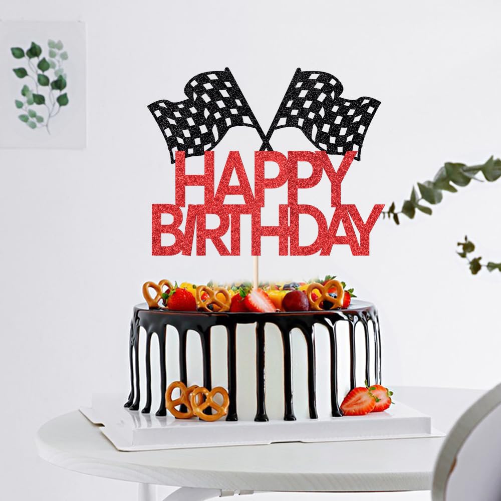 FmiyunEea Glitter Checkered Flag Race Car Cake Topper - Happy Birthday Racing Theme Decor