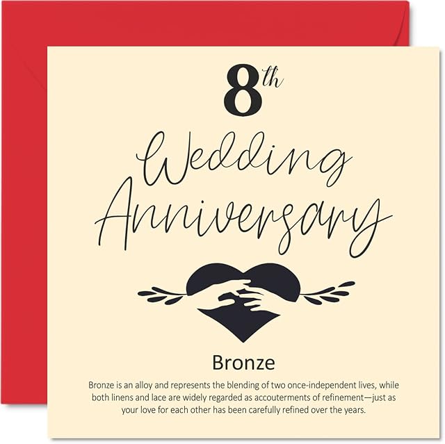 8th Anniversary Card for Husband Wife Boyfriend Girlfriend - 8th Wedding Anniversary - Bronze Wedding Anniversary Card for Women Men Her Him, 145mm x 145mm Greeting Cards for Fiance Fiancee