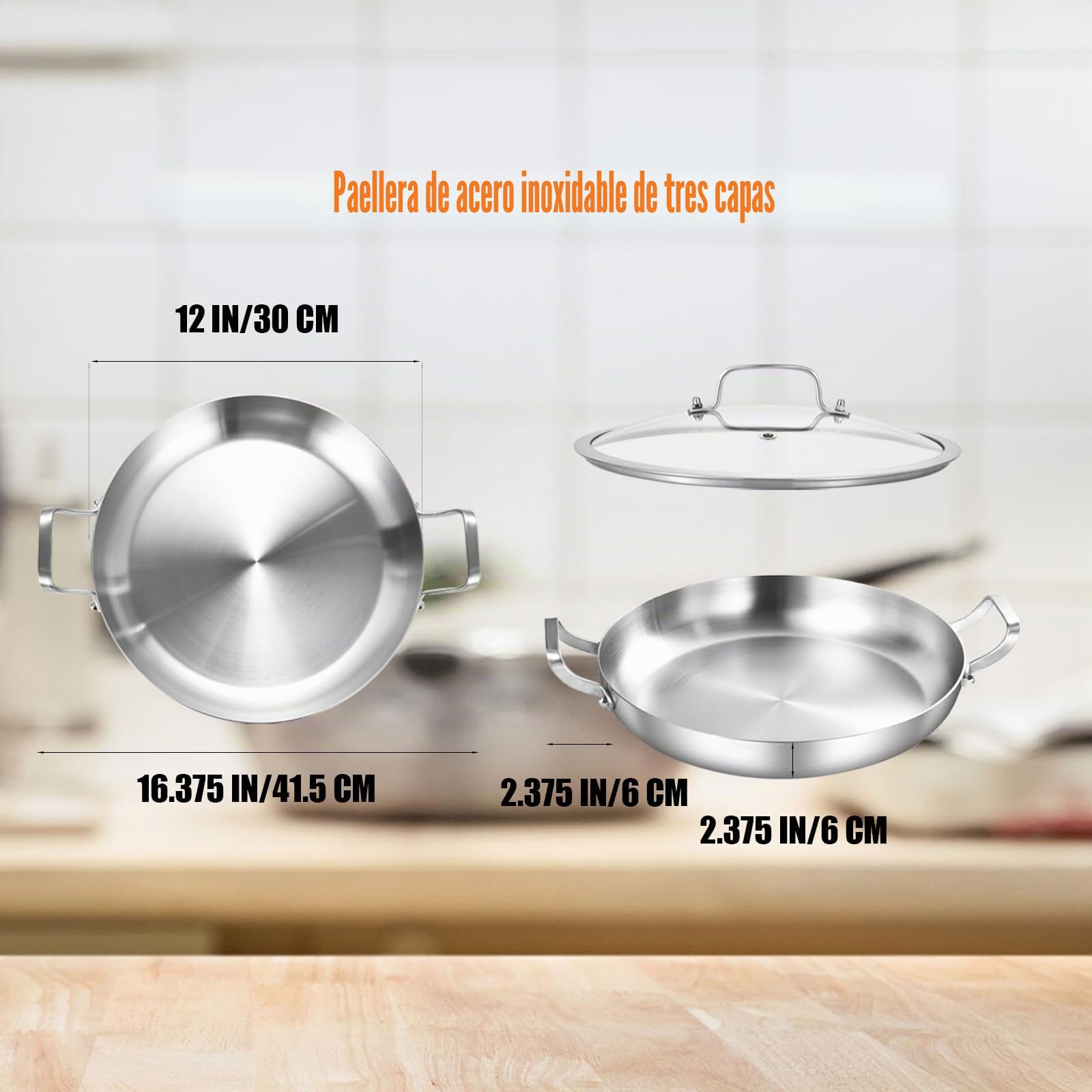 Inqibee Sartén de paella de acero inoxidable de tres capas de 30 cm con tapa, sartén para cocinar por inducción, calentamiento uniforme y apta para horno