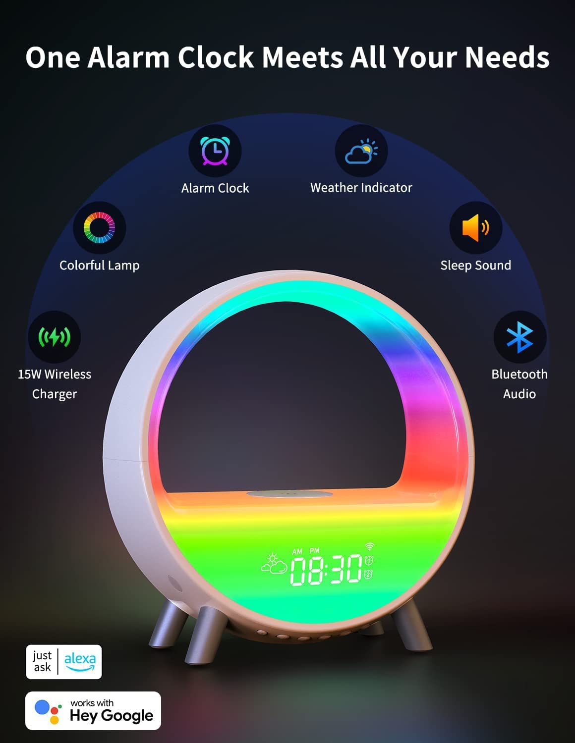 LED Nachttischlampe mit Wecker, WiFi Smart Tischlampe Klangmaschine, Lausprecherkompatibel Alexa/ Google Assistant, 12/24 Kalender, App-Steuerung, Geschenk für Weihnachten, Party, Weiß-1
