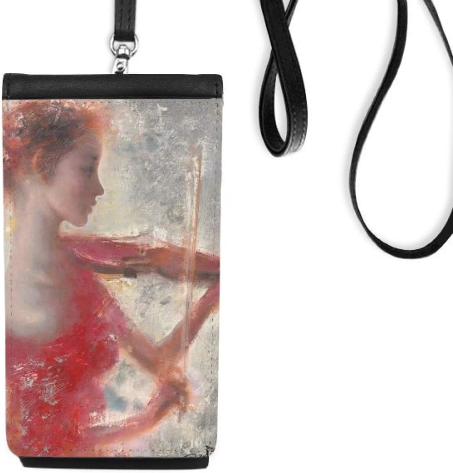 Red Girl Lotus XJJ Oil Painting Phone Wallet Purse Hanging Mobile Pouch Black Pocket