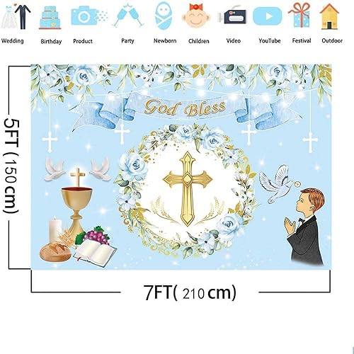 Miniatura 4 de AIBIIN Pancarta de fondo para bautizo de Dios bendiga de 7 x 5 pies, pancarta de bautizo para fiesta de primera comunión, pancarta dorada con