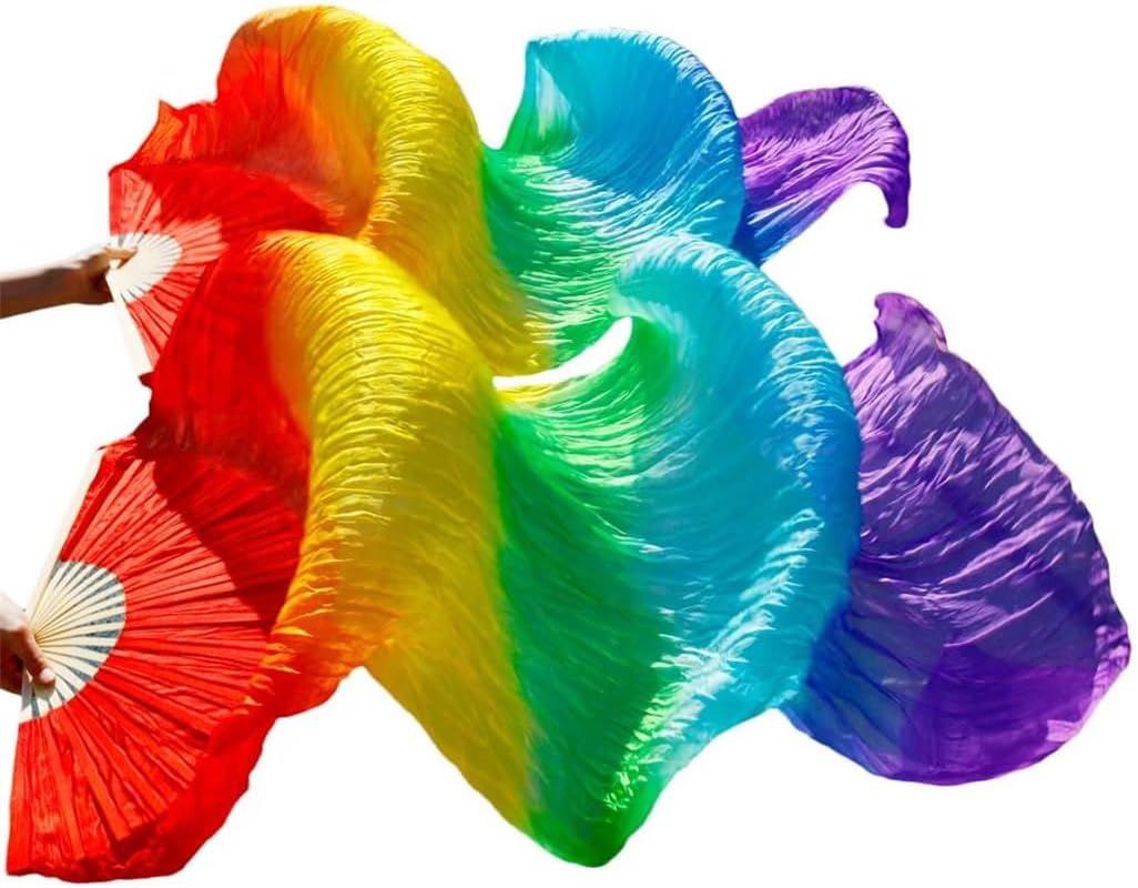 2Pcs Women 100% Silk Belly Dance Fan Veils of Belly Dance Fans Rainbow Color, Adult Classical Dance Auxiliary Tools