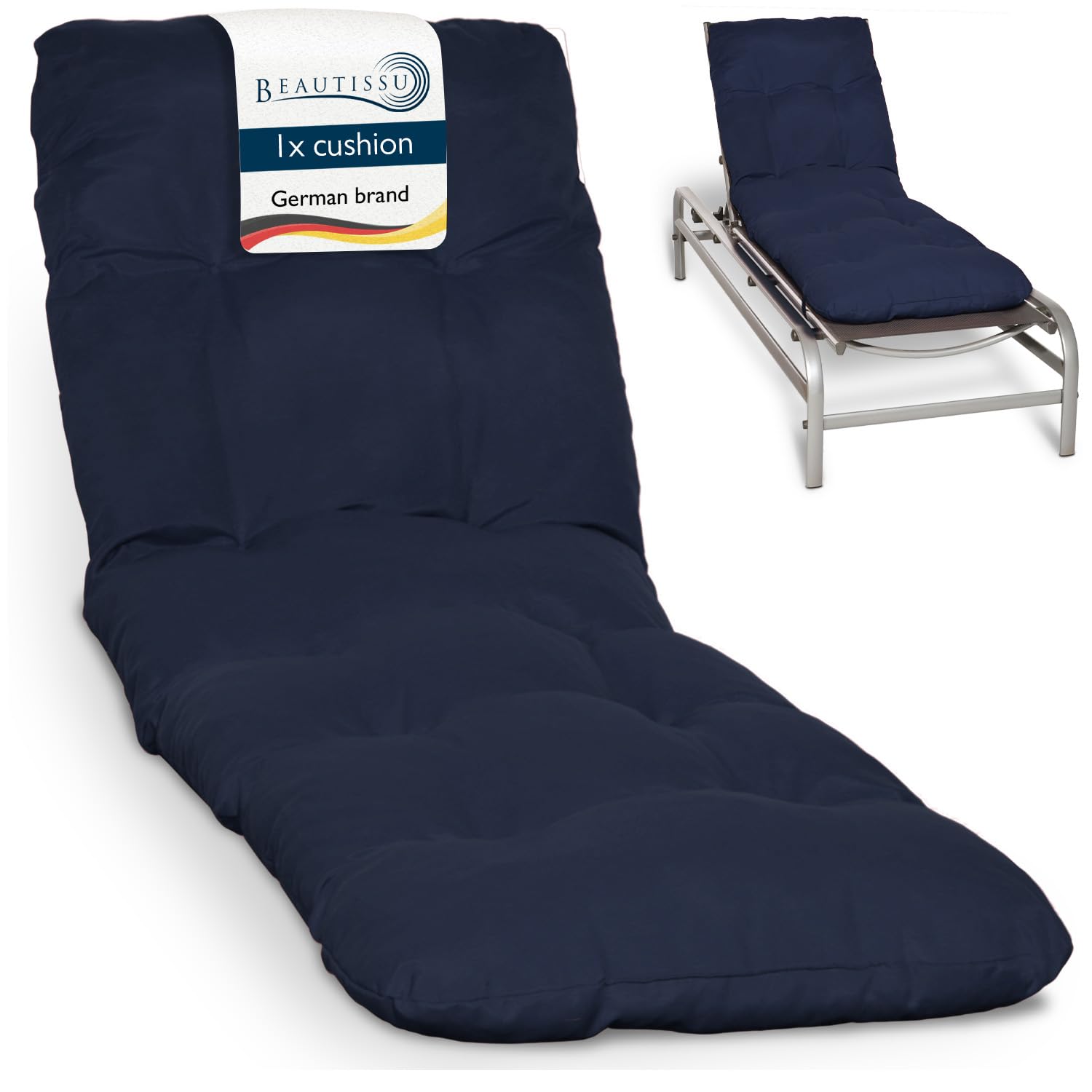 Beautissu Blue Padded Sun Lounger Cushion 190X60x8 Cm – Dark Sunbed Pad As Relaxer Garden Recliner Cushions Steamer Chair – Flair Rl