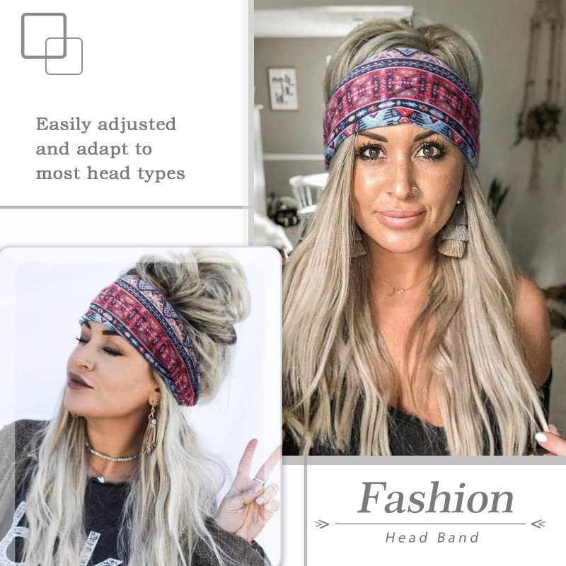 Miniatura 5 de Aceorna Diademas bohemias anchas anudadas para el cabello, bandas elásticas estampadas, diademas bohemias para mujeres y niñas, 3 piezas (juego B)