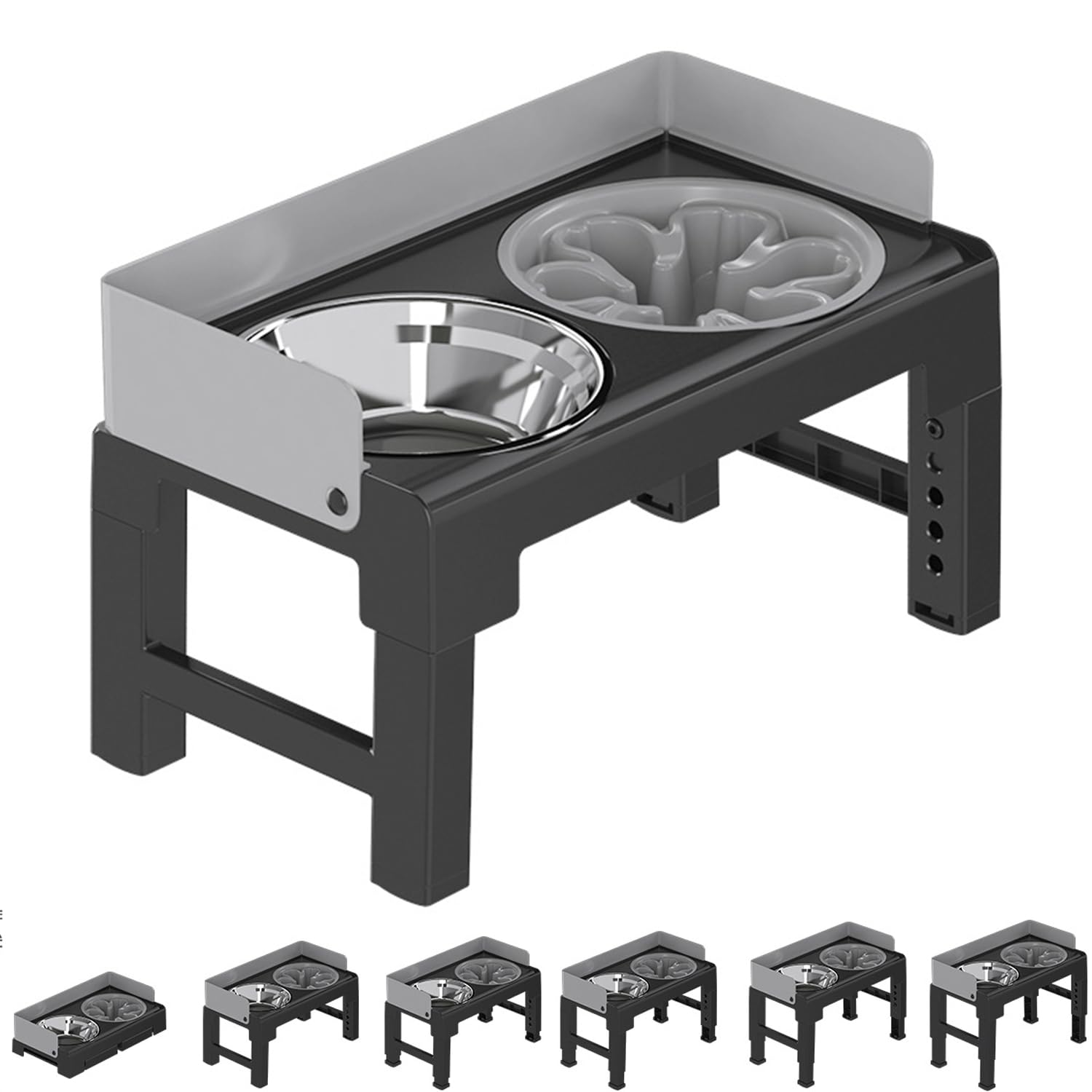 Petchat Elevated Dog Bowls, 6 Heights Adjustable Raised Dog Bowl 3.1?-11.8?, with Slow Feeder Bowl and Stainless Steel Bowl, Mess Proof Dog Bowl Stand for Large, Medium and Small Dogs