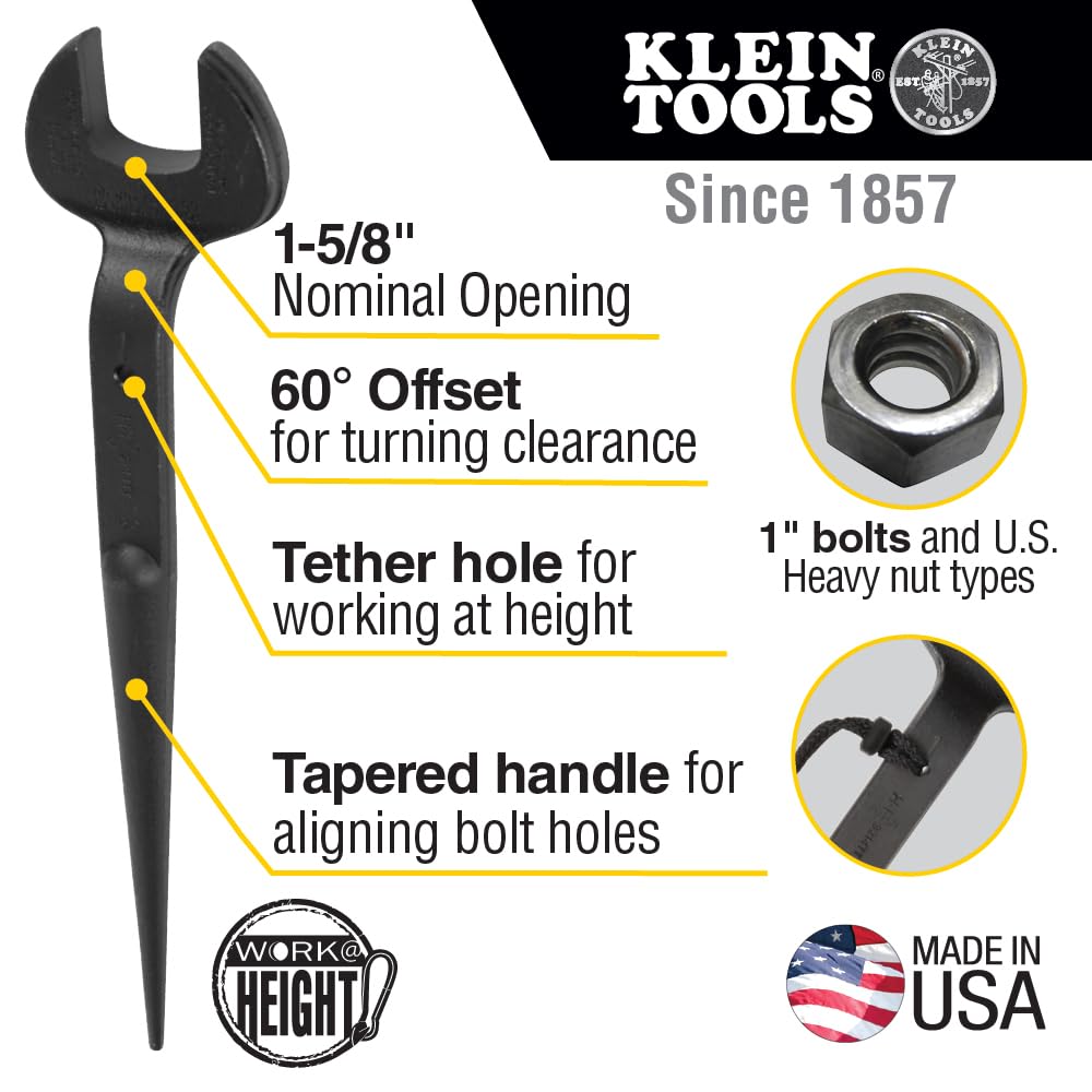 Klein Tools 3214TT Construction Spud Wrench with Tether Hole, 1-1/4-Inch Nominal Opening, 3/4-Inch Bolt for US Heavy Nut - Image 2