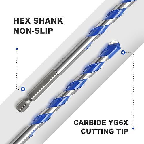 Miniatura 4 de Juego de 10 brocas para hormigón de 3/16 a 1/2 pulgadas, juego de brocas de mampostería con vástago hexagonal, brocas de punta de carburo para