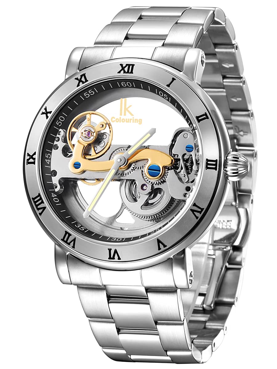Alienwork IK Automatikuhr Armbanduhr Herren Damen Silber Edelstahl Metallarmband Skelett Glasboden