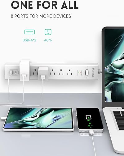 Miniatura 2 de PLUGTUL Regleta protectora de sobretensiones con puertos USB, cable de extensión de 6 pies con múltiples tomas, enchufe plano, montaje en pared, 2