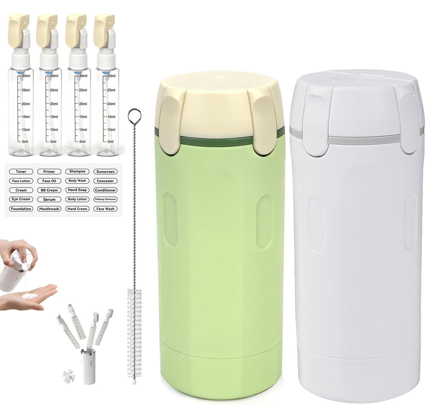 4 in 1 Travel Dispenser,4 Pack 30ML Travel Bottles for Toiletries,Refillable Leak Proof Portable Bottle Set for Shampoo,Shower Gel,Suitable for Travel,Gym,Vacation,Camping (Green+White)