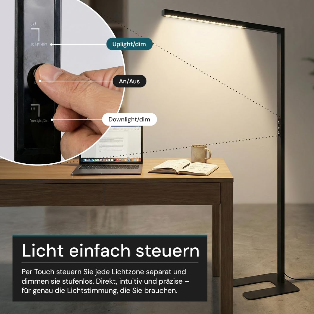 LUXULA Büro Stehleuchte LED Up/Down dimmbar Schwarz - Stehlampe Büro mit Touchsteuerung & Automatikdimmung, 45W 3500lm, 4000K Neutralweiß, UGR<16, CRI 98, Up/Down regelbar, 90° Abstrahlwinkel